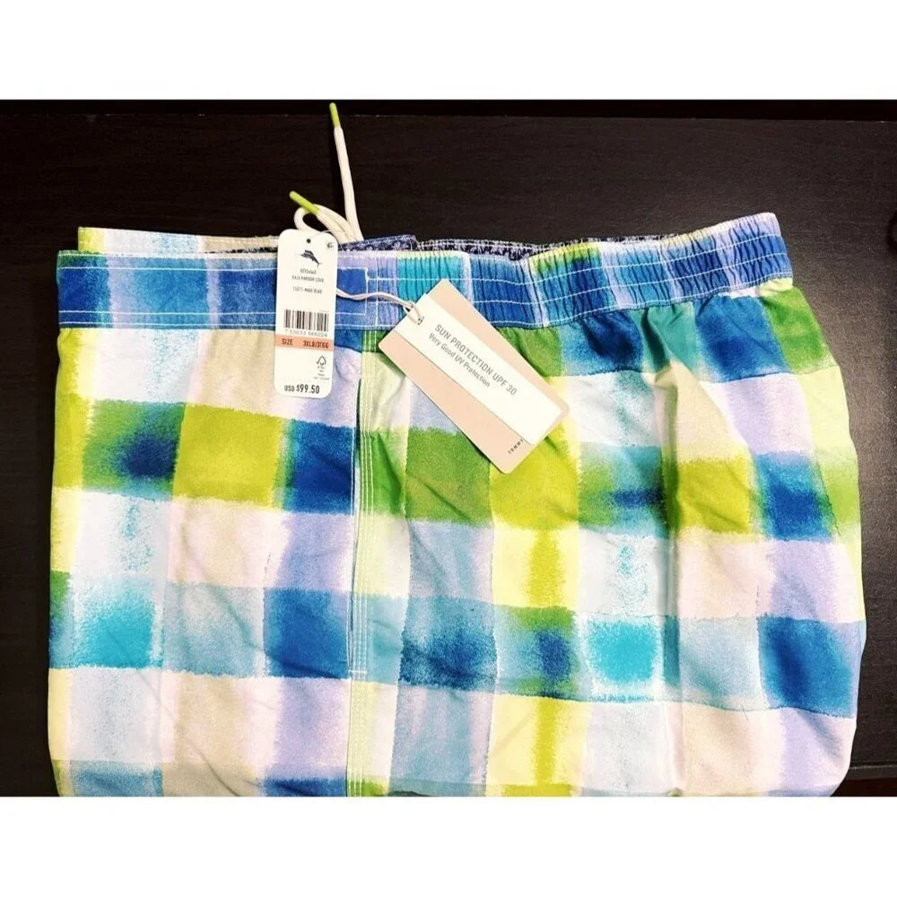 Tommy Bahama Mens Blue Green Plaid Pockets Swim Trunks Plus Sz 3XL Big New